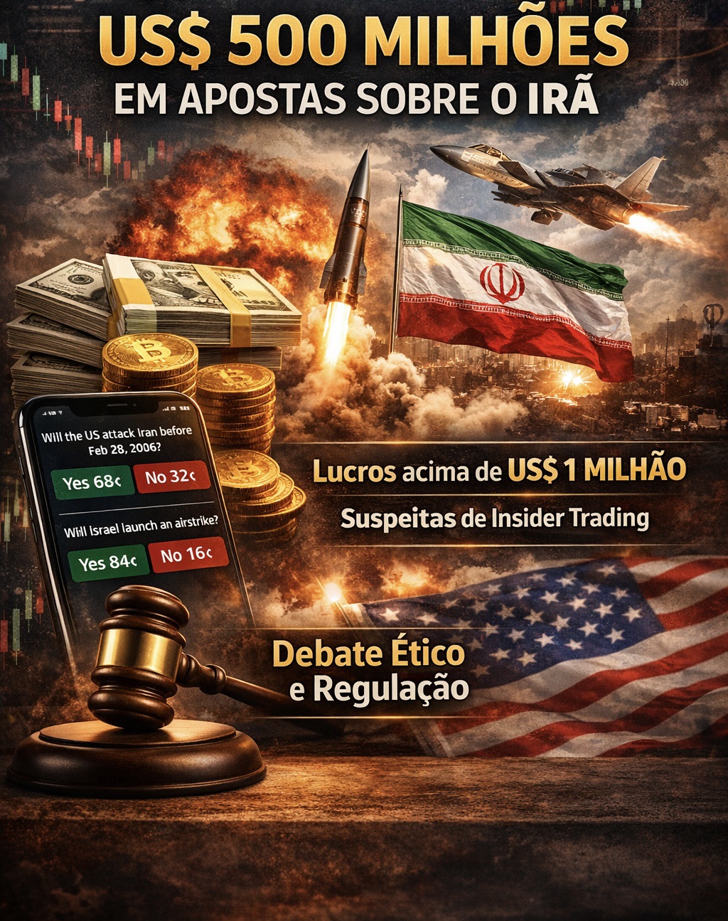 Polymarket movimenta mais de&nbsp;US$ 500 milhões&nbsp;em apostas sobre ataque ao Irã e levanta suspeitas de lucros milionários