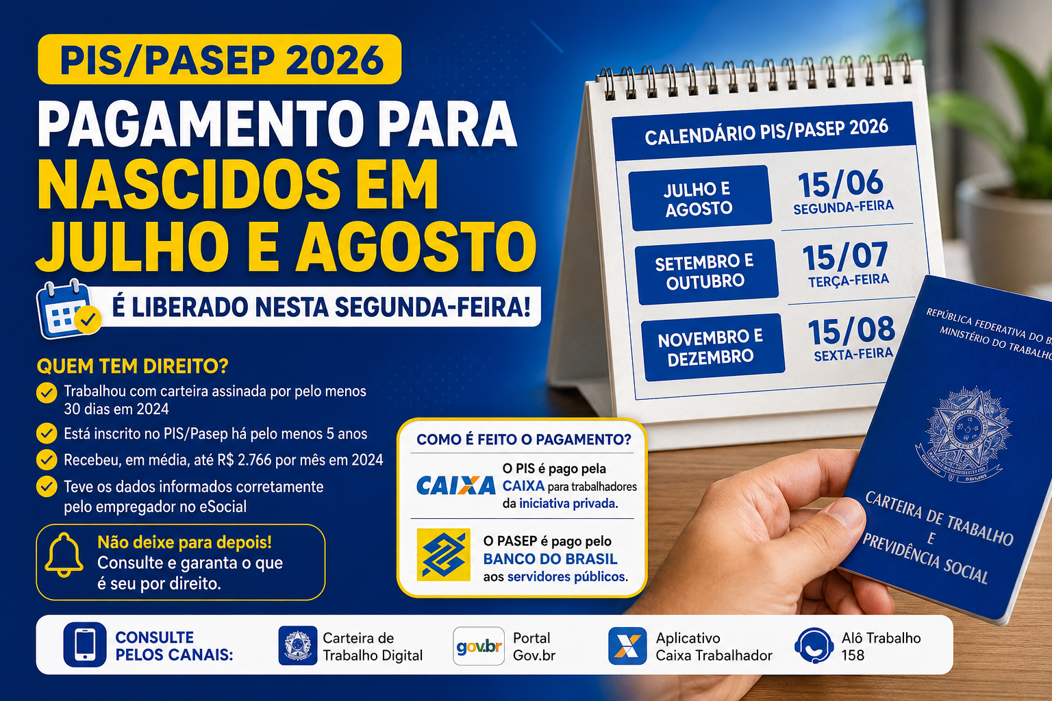 PIS/Pasep 2026: Pagamento para nascidos em julho e agosto é liberado nesta segunda-feira
